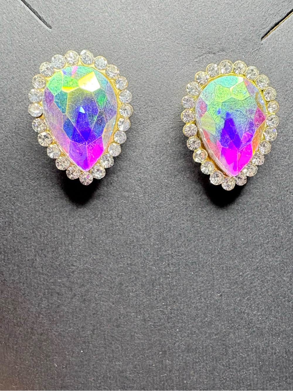 Gold Halo Teardrop AB Crystal Stud Earrings - Iridescent Purple-Blue